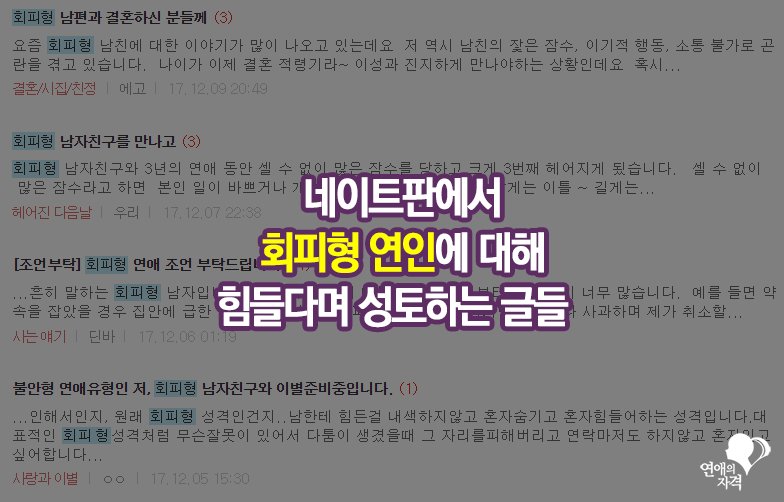 네이트판 등 커뮤니티에서 회피형 연인에 대해 힘들다며 성토하는 글들